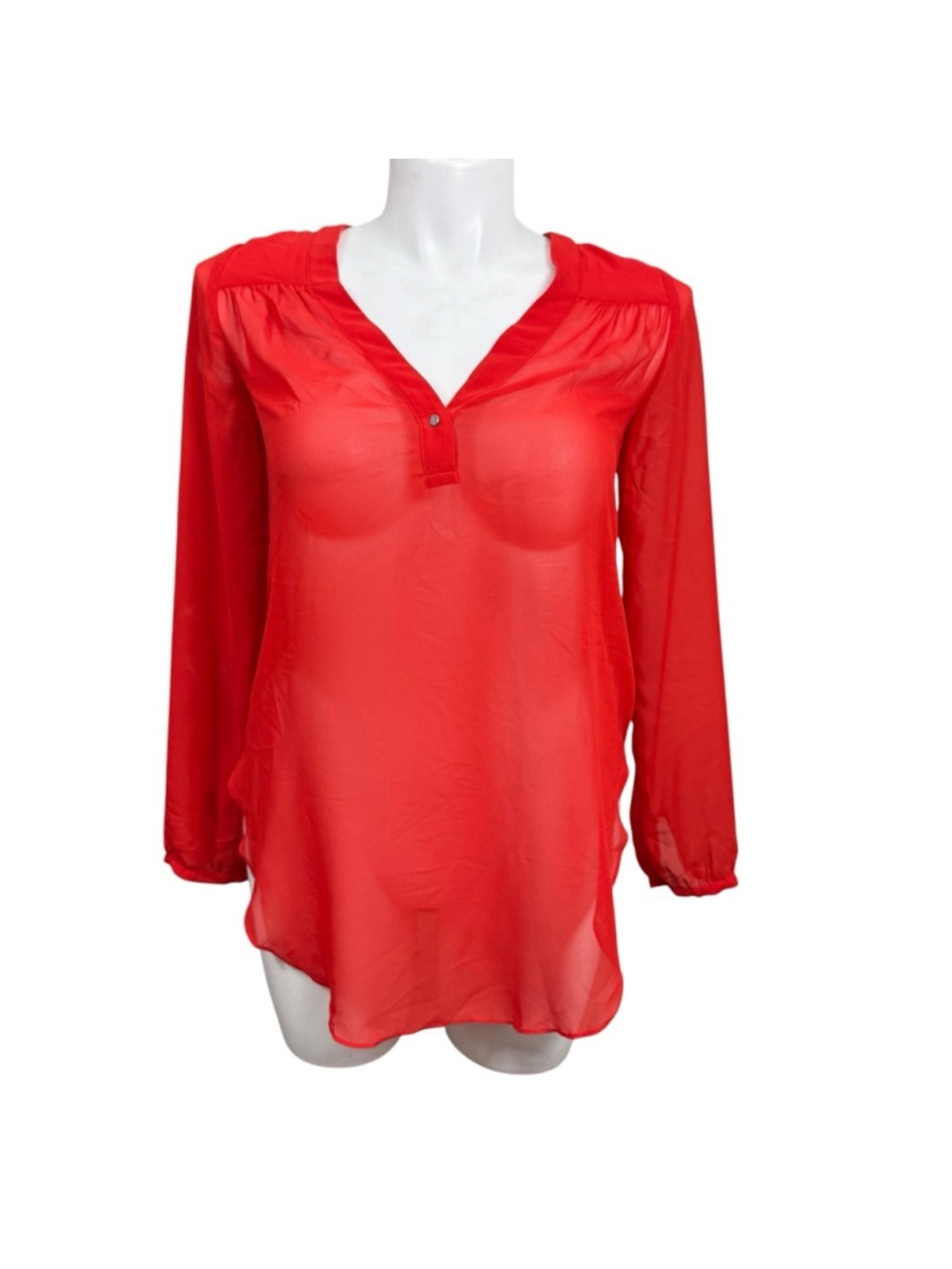 BCBGeneration Red Sheer Blouse Small Long Sleeve V Neck‎ Tunic